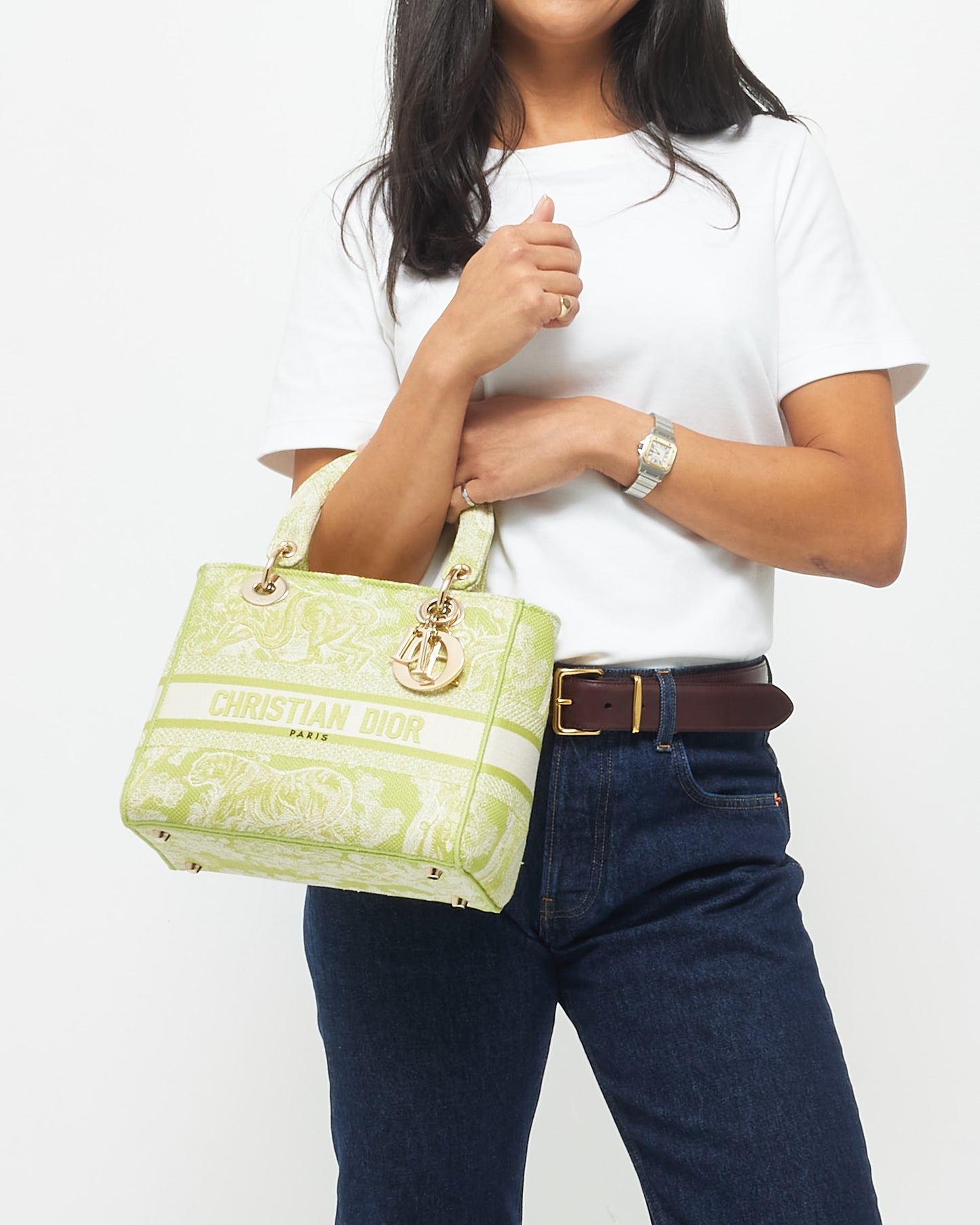 Dior Lime Green Toile De Jouy Embroidered Canvas Medium Lady D-Lite Bag