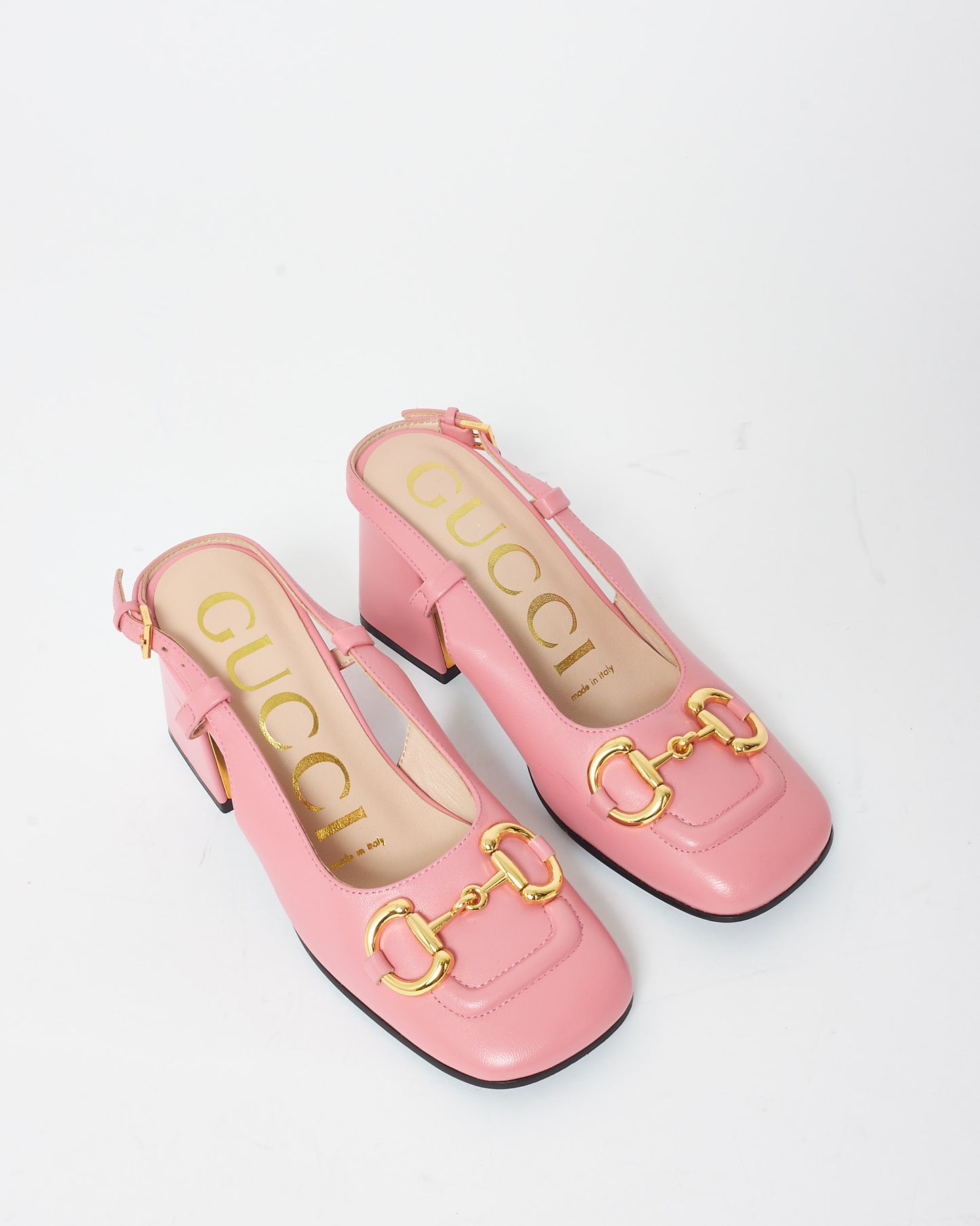 Gucci Pink Leather Horsebit Slingback Block Heels - 38