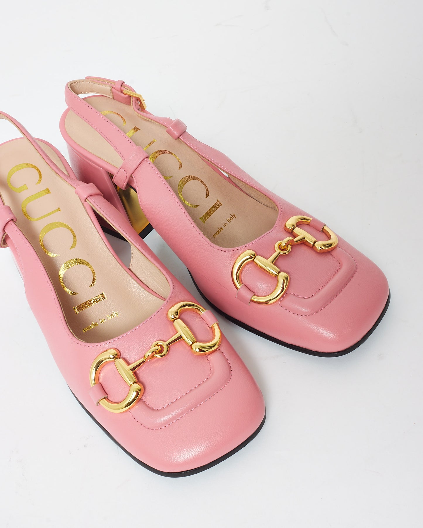 Gucci Pink Leather Horsebit Slingback Block Heels - 38