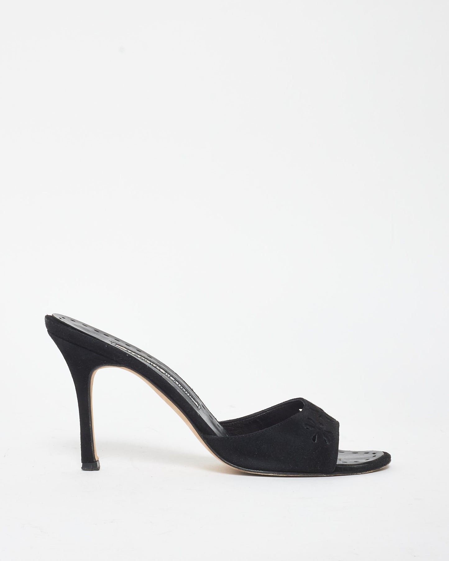 Manolo Blahnik Black Suede Eyelet Mule Heel Sandals - 37