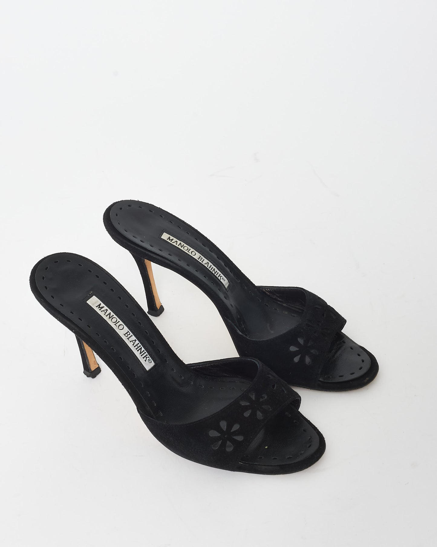 Manolo Blahnik Black Suede Eyelet Mule Heel Sandals - 37