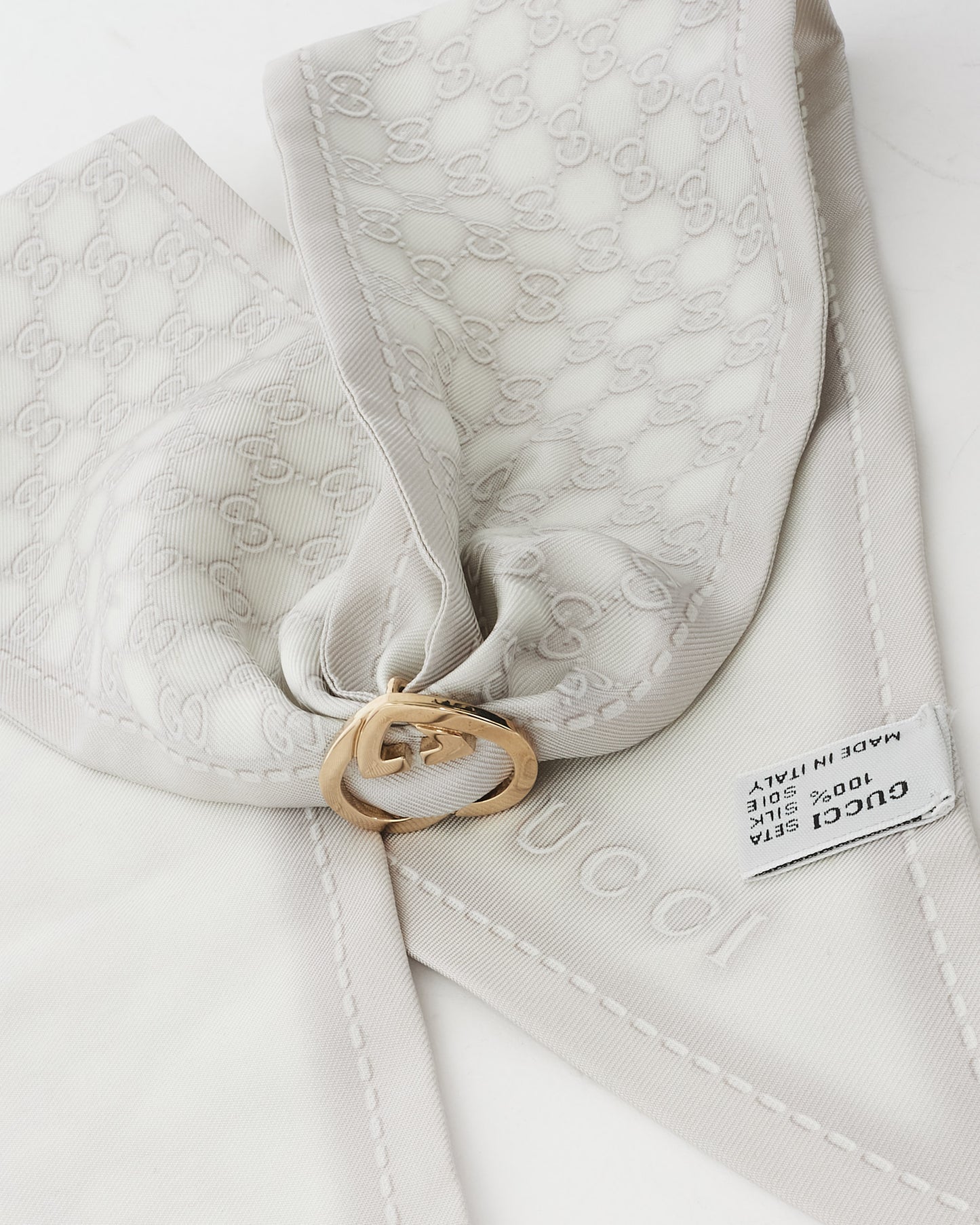 Gucci Light Grey Silk Monogram Heart Charm Neck Scarf