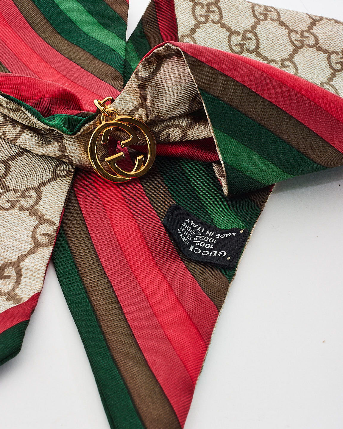 Gucci Brown Charm Monogram & Web Silk Dangle Charm Logo Neck Scarf