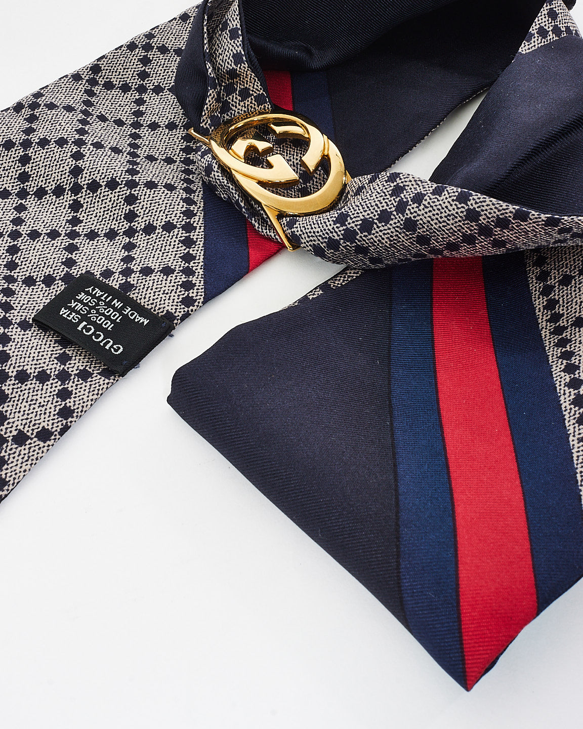 Gucci Navy Blue Silk & Charm Logo Neck Scarf