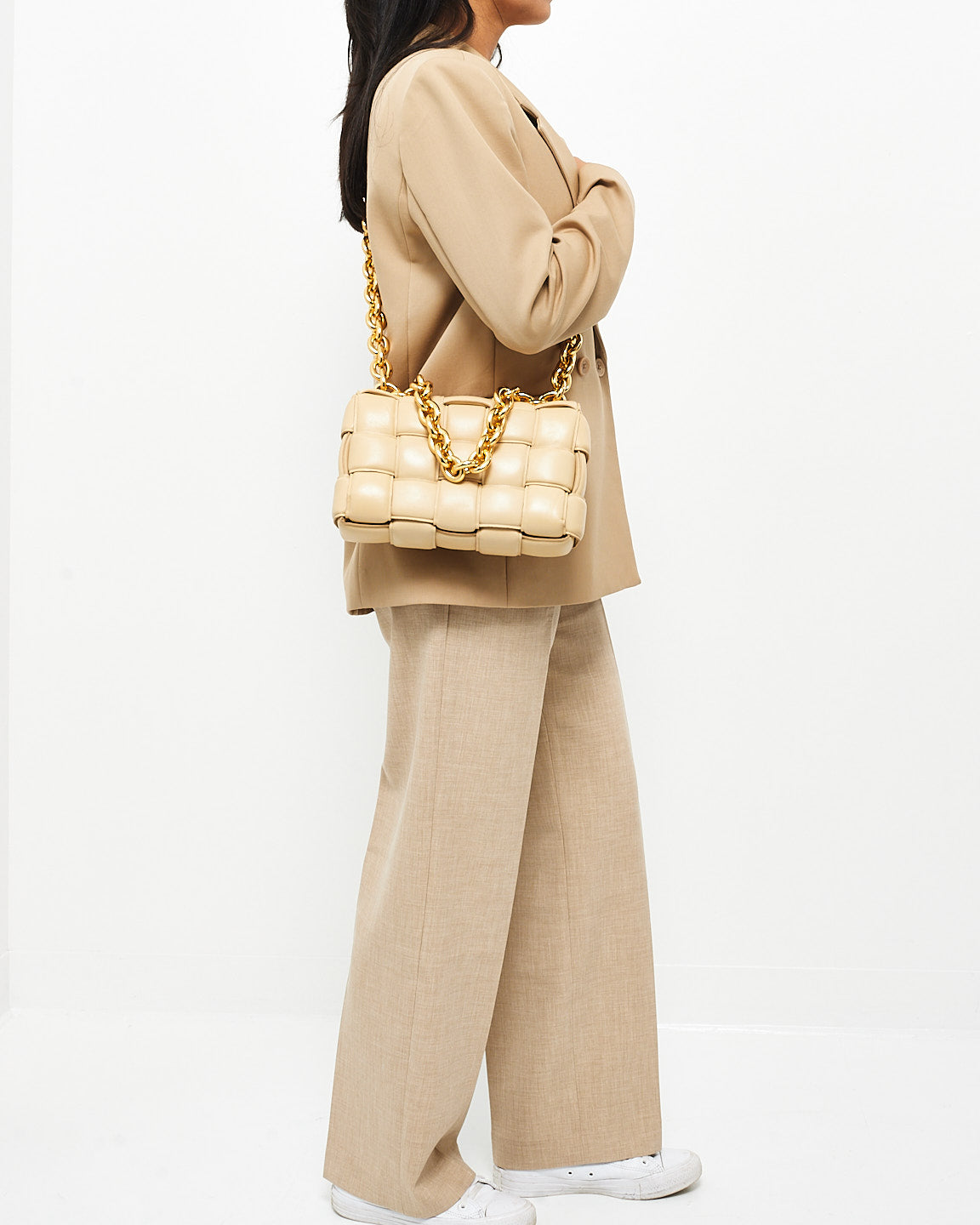 Bottega Veneta Beige (Porridge) Gold Chain Padded Cassette Bag