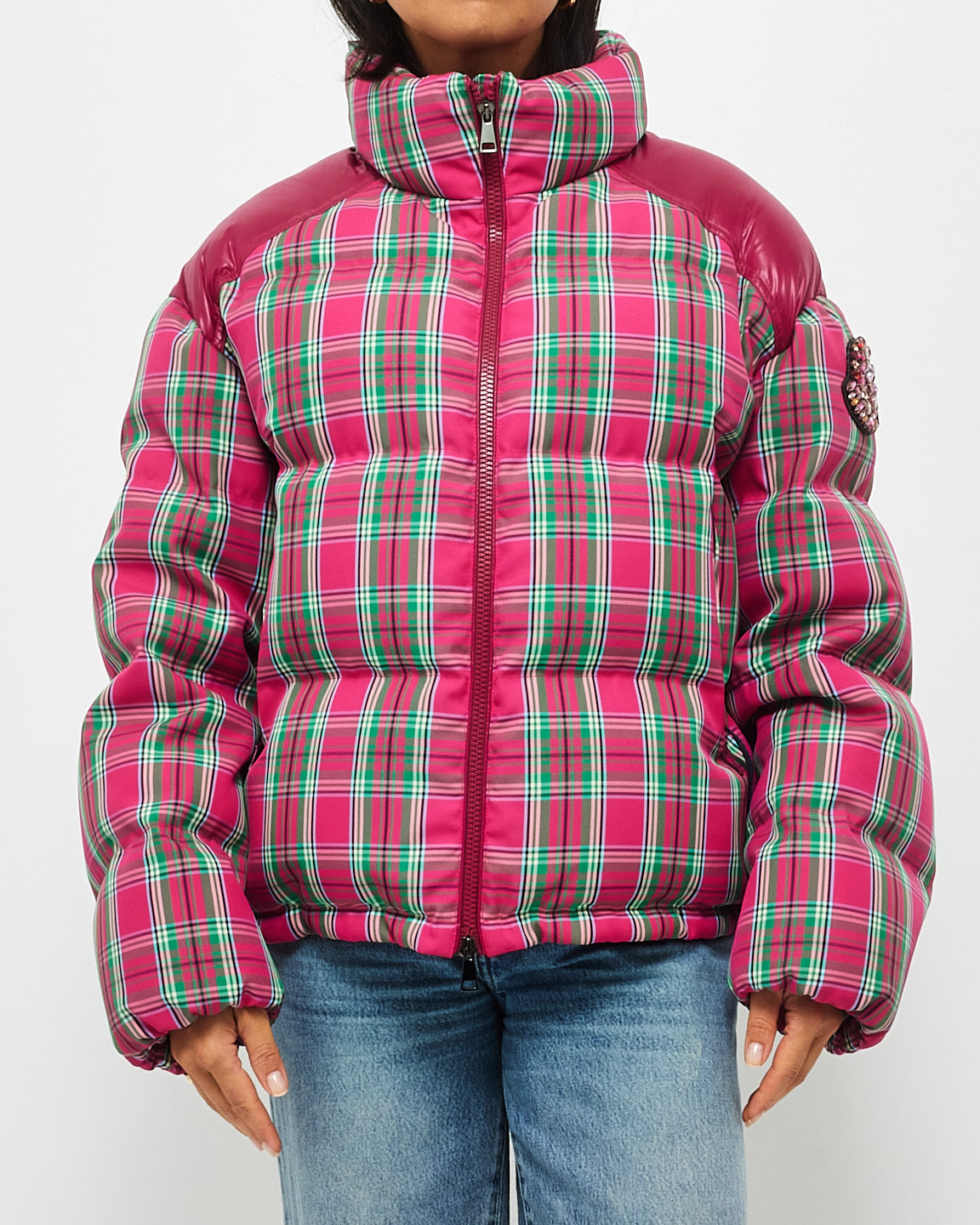 Moncler Pink & Green Plaid Down Puffer Jacket - 4