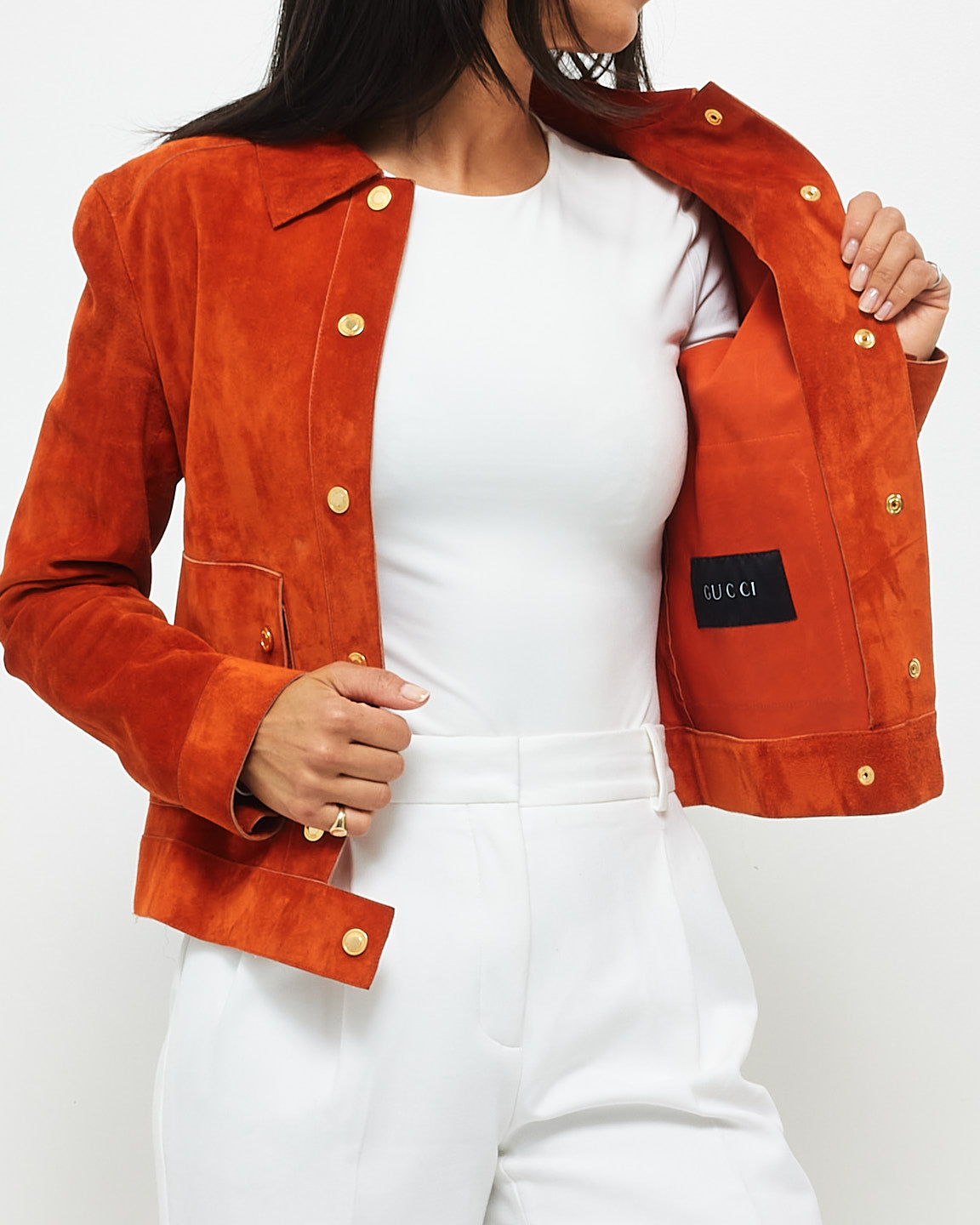 Gucci Orange Suede & Leather Lining Fitted Cropped Jacket - 42