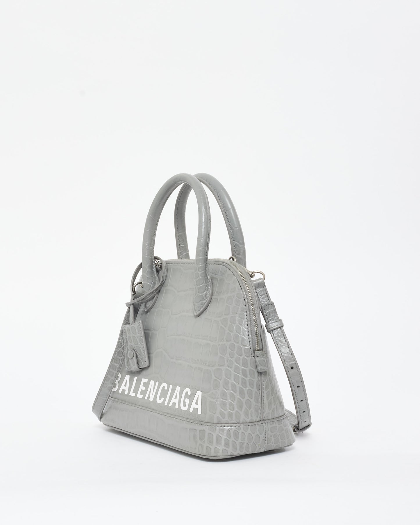 Balenciaga Light Grey Croc Embossed White Logo Ville Small Top Handle Bag