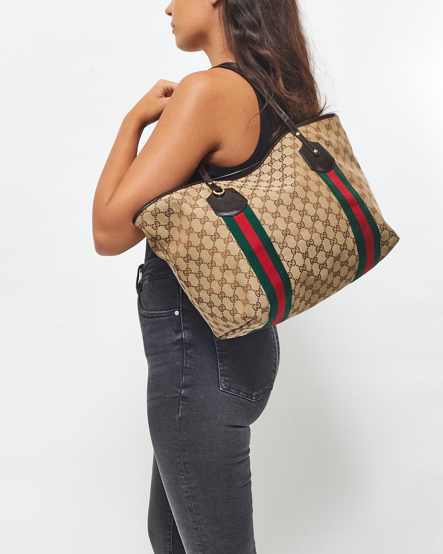 Gucci Brown Monogram Canvas & Web Jolie Tote (No Charms)