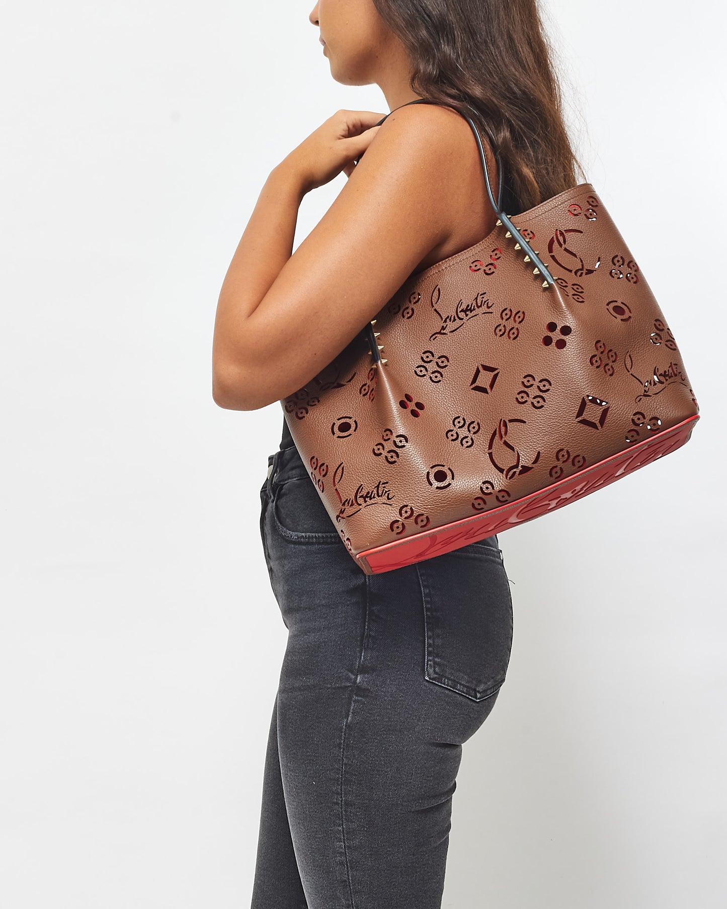 Christian Louboutin Brown Leather Cabarock Perforated Small Tote Bag