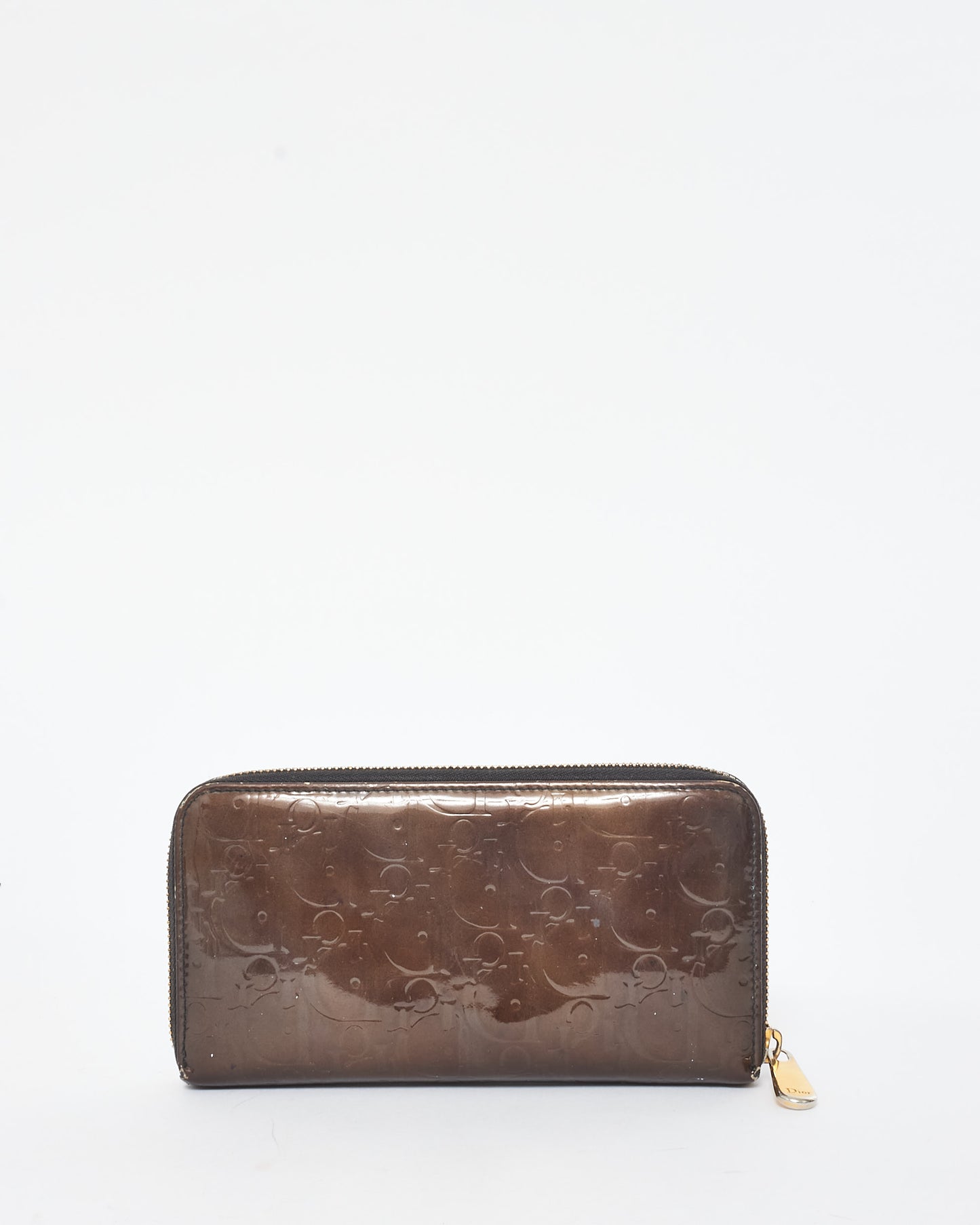 Dior Brown Patent Leather Oblique Monogram Long Zip Wallet