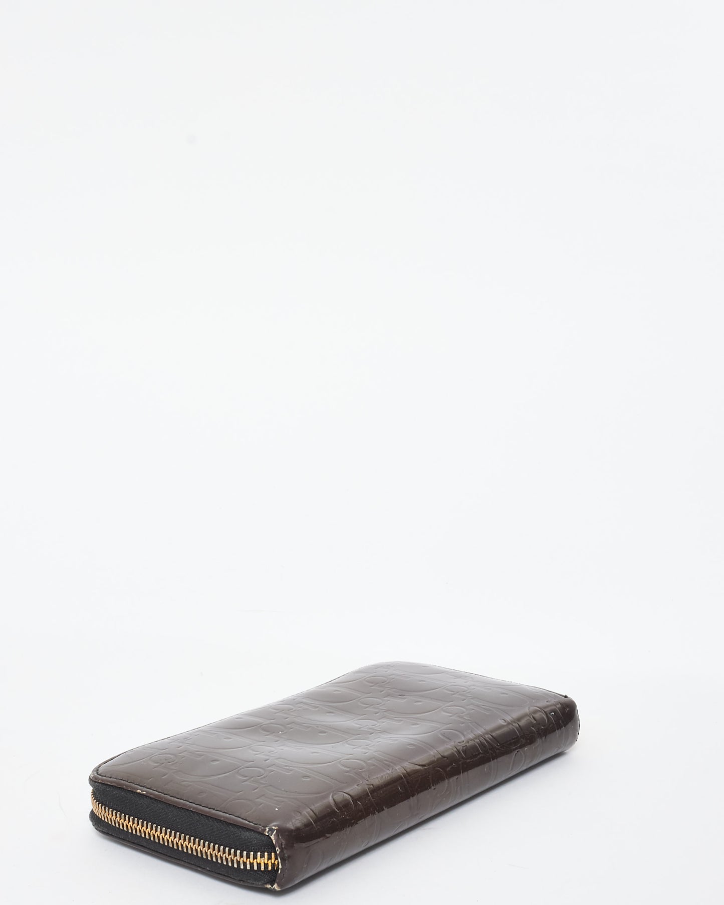 Dior Brown Patent Leather Oblique Monogram Long Zip Wallet