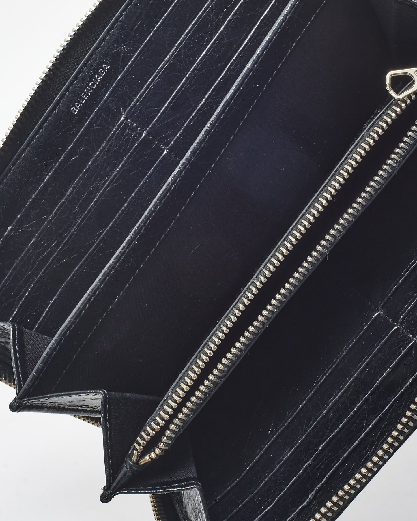 Balenciaga Black Crinkled Leather Long Zip Wallet