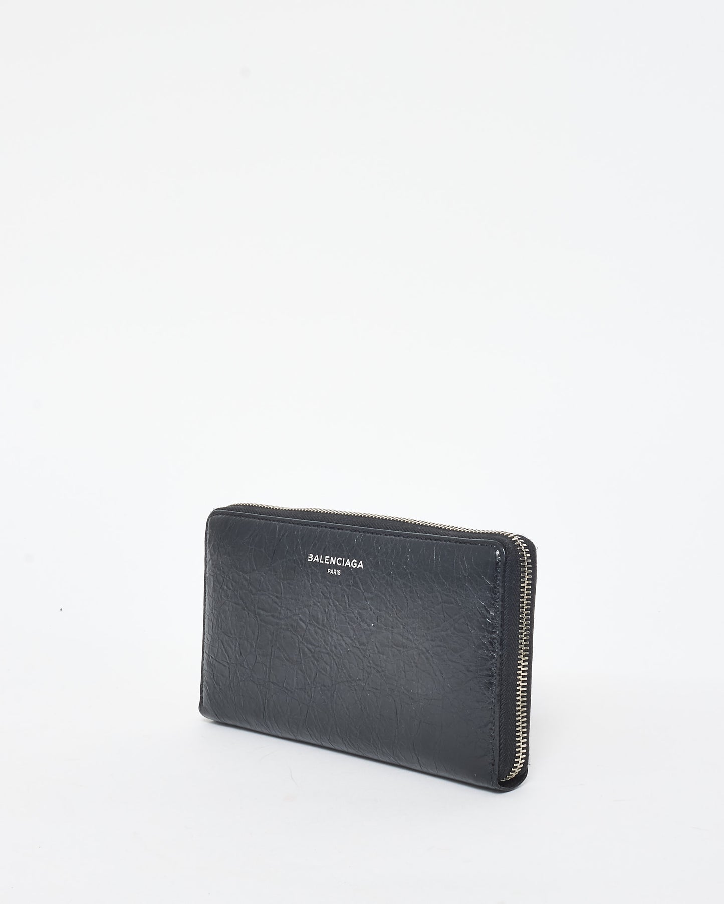 Balenciaga Black Crinkled Leather Long Zip Wallet