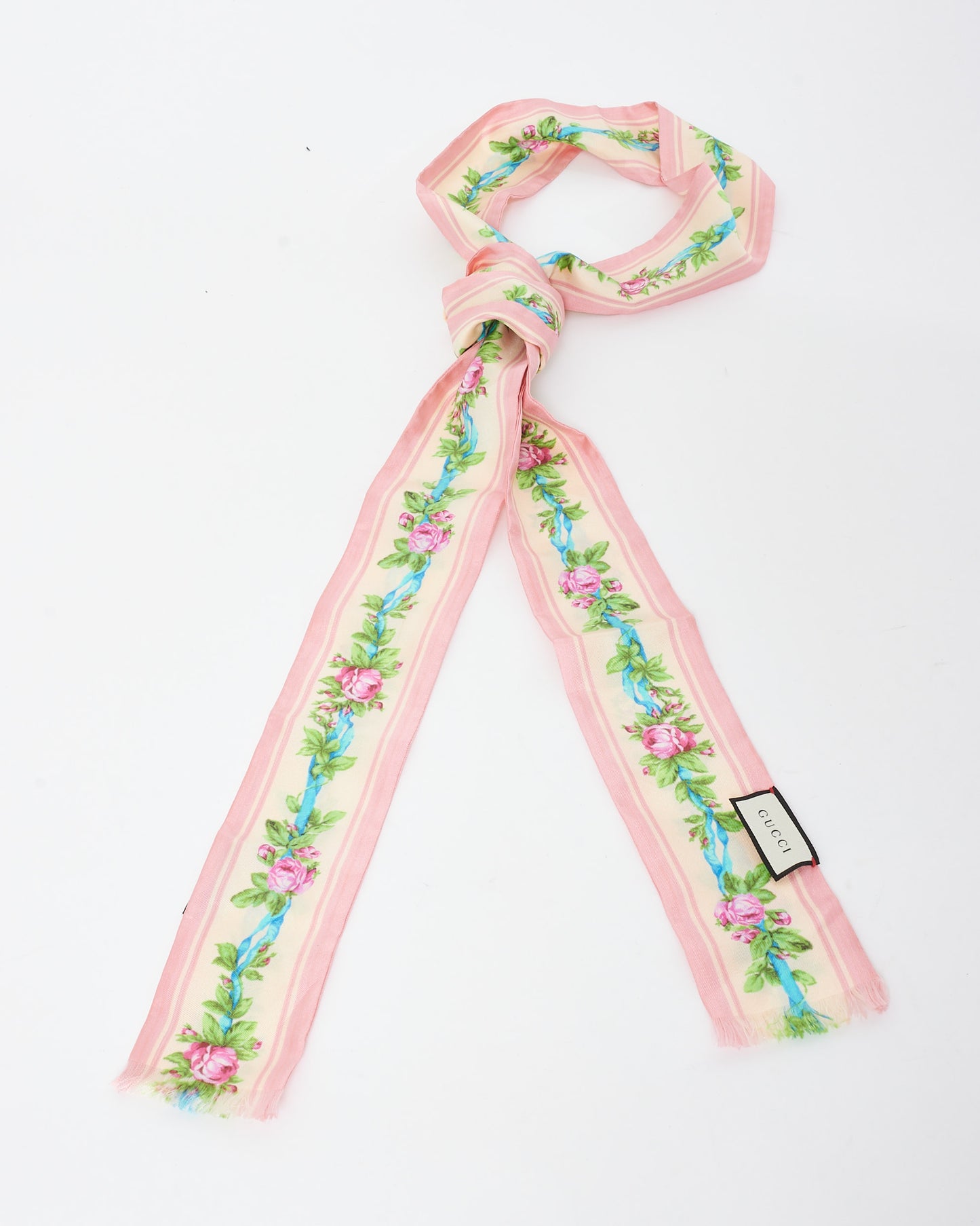 Gucci Pink Blue & Green Floral Silk Neck Scarf