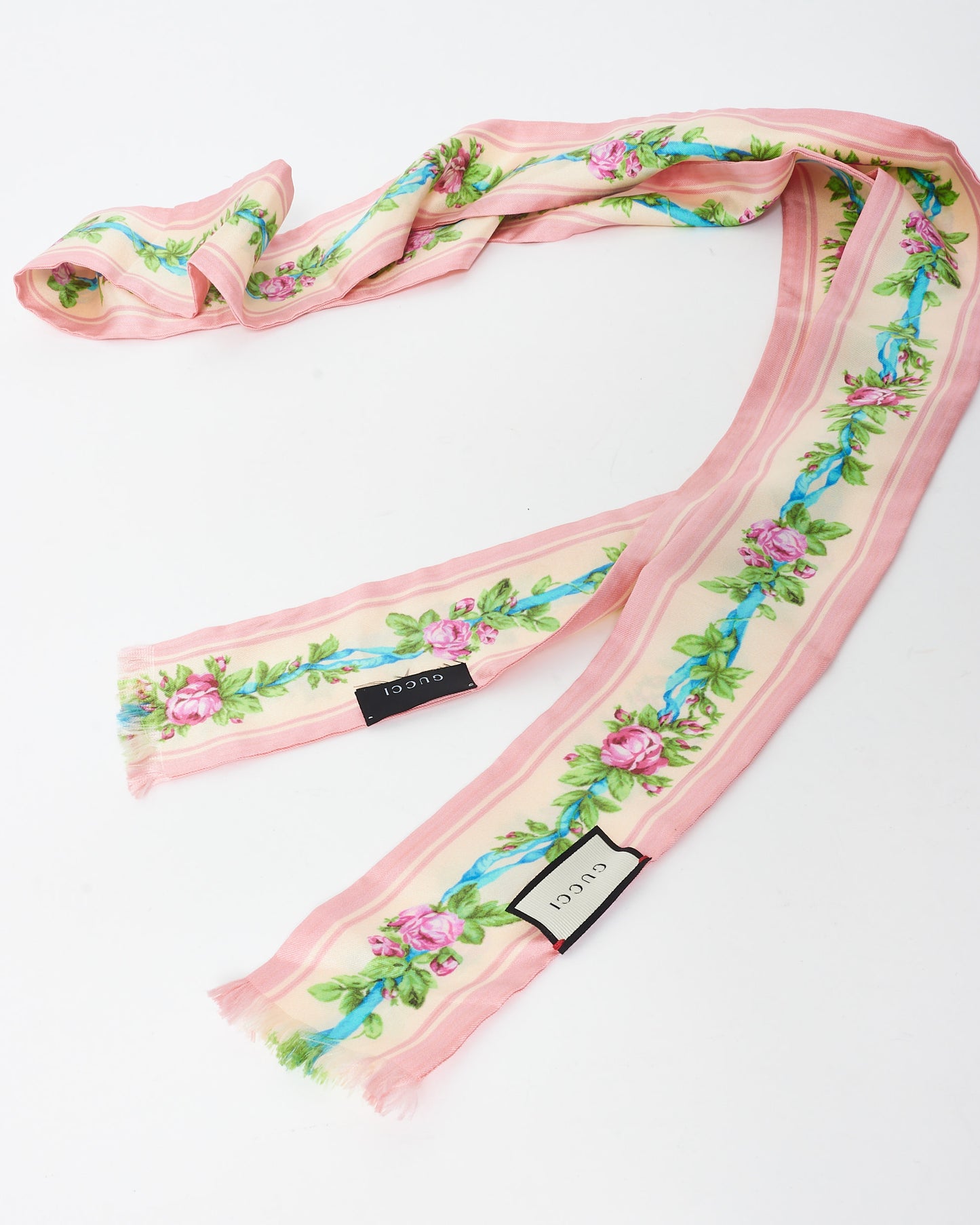 Gucci Pink Blue & Green Floral Silk Neck Scarf