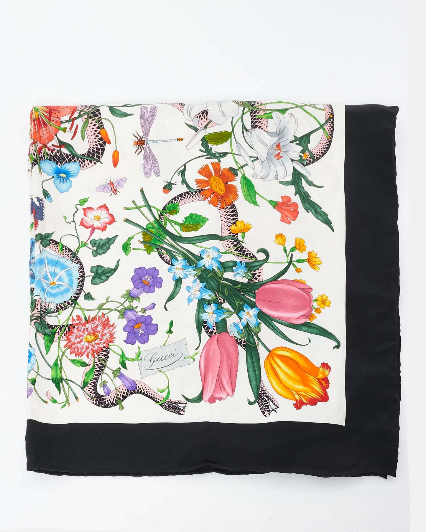 Gucci Black & Multi Floral Silk Square Scarf