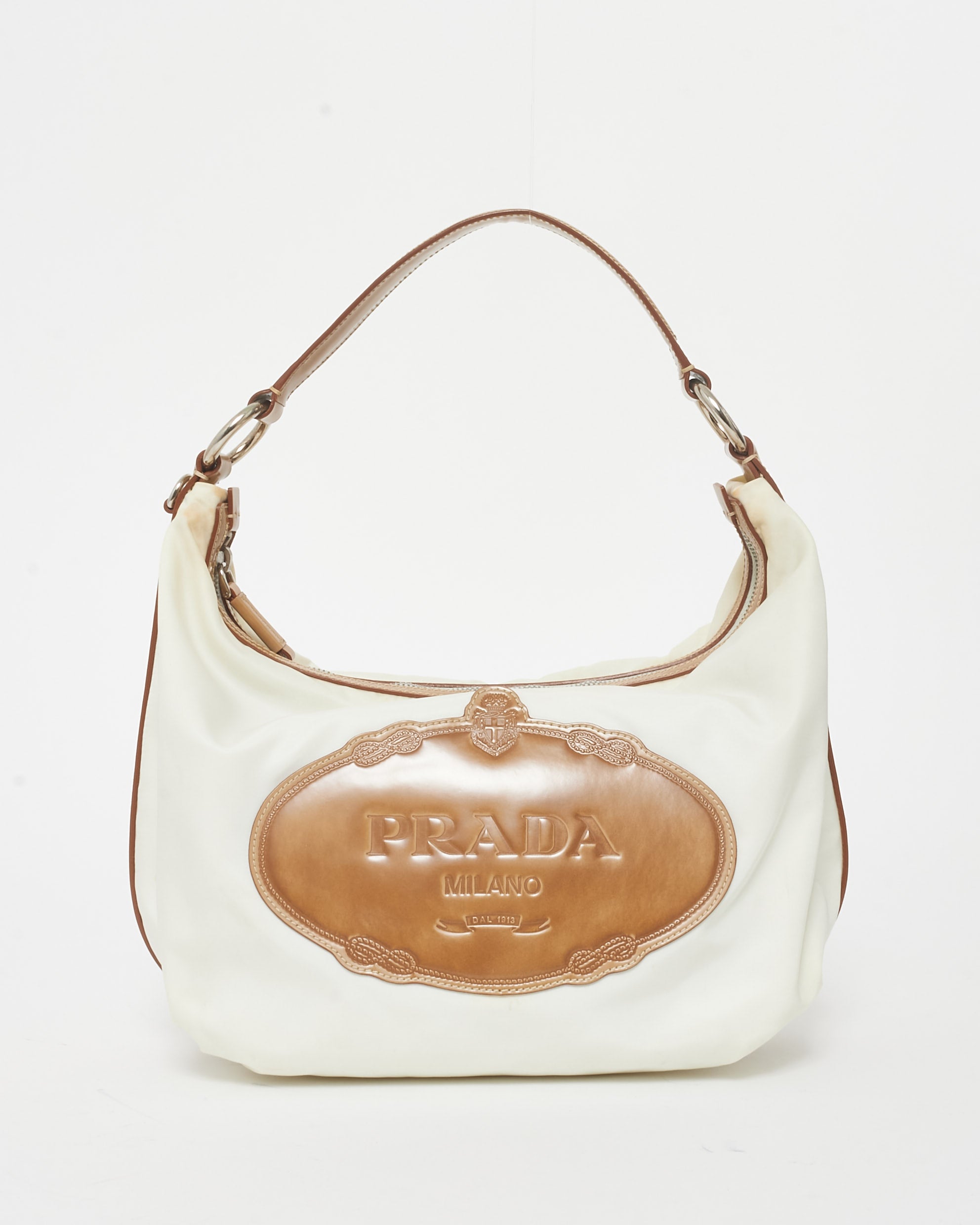 Prada Off White Nylon Brown Leather Logo Shoulder Bag