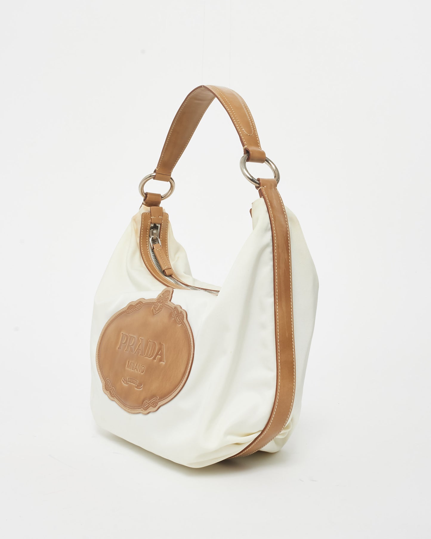 Prada Off White Nylon & Brown Leather Logo Shoulder Bag