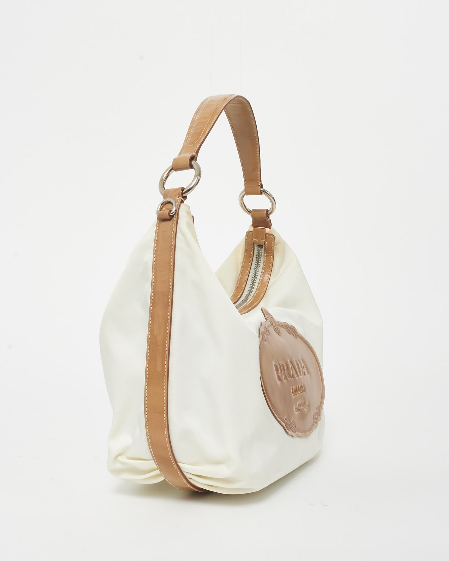 Prada Off White Nylon & Brown Leather Logo Shoulder Bag