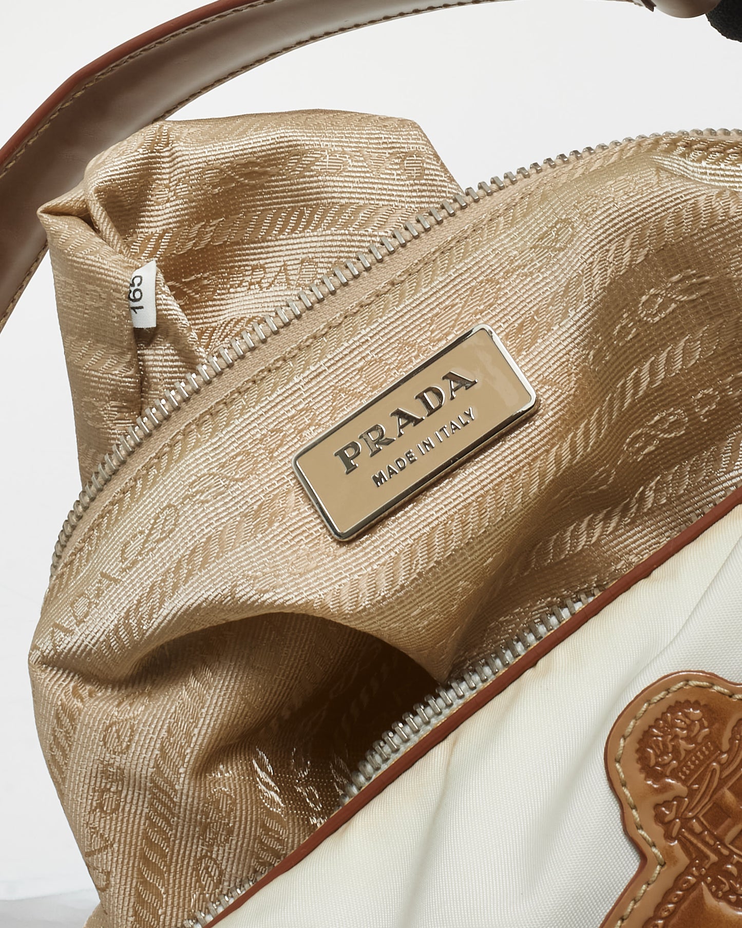 Prada Off White Nylon & Brown Leather Logo Shoulder Bag