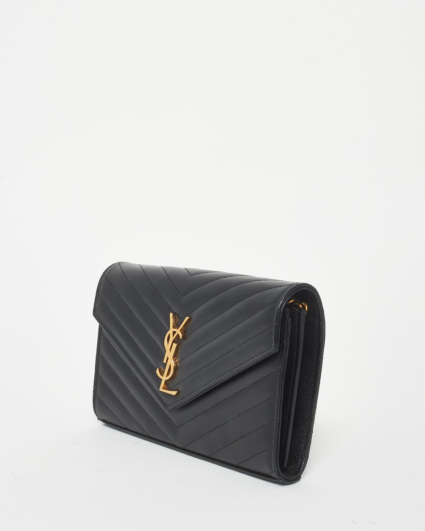 Saint Laurent Black Grained Leather Cassandra Envelope Large Wallet On Chain Bag GHW