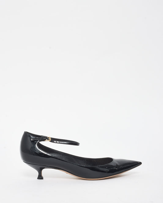 Dior Black Patent Leather Ankle Strap Kitten Heels - 36.5