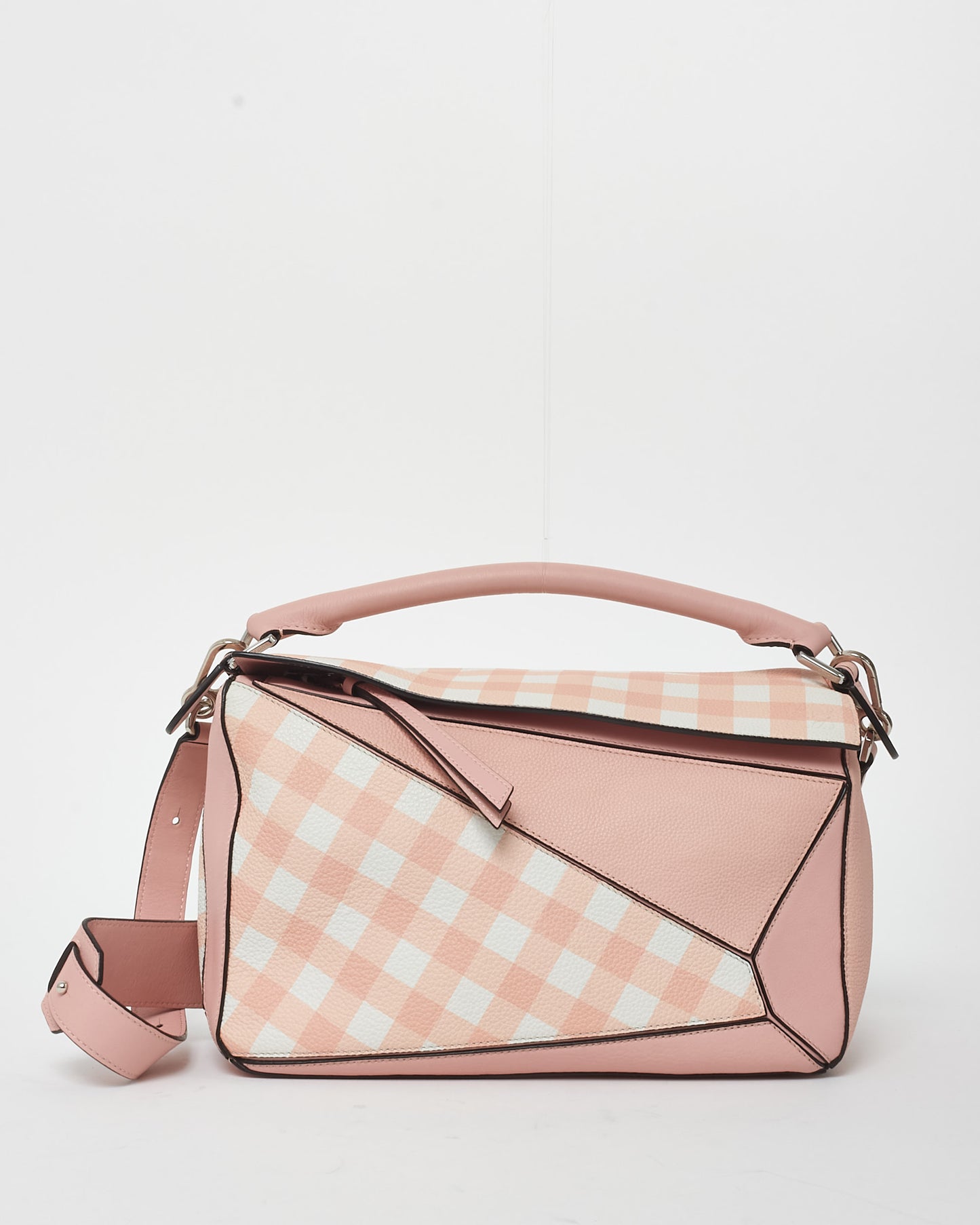 Loewe Pink & White Calfskin Leather Gingham Medium Puzzle Bag