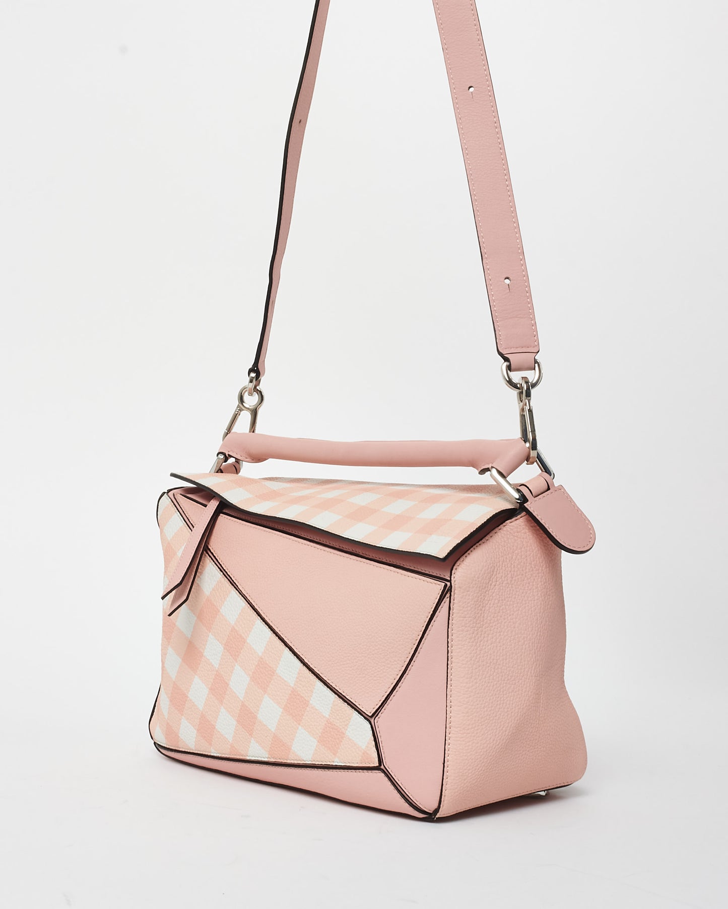 Loewe Pink & White Calfskin Leather Gingham Medium Puzzle Bag