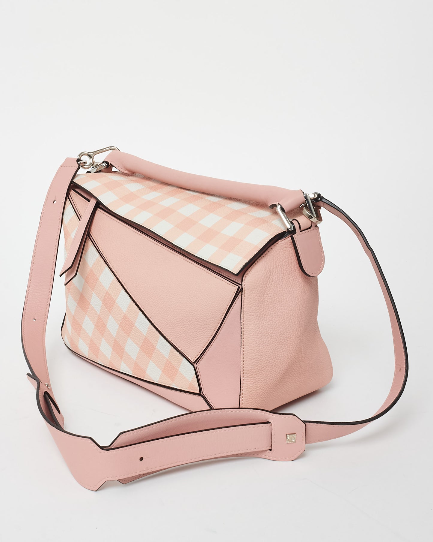 Loewe Pink & White Calfskin Leather Gingham Medium Puzzle Bag