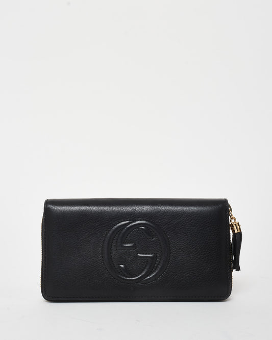 Gucci Black Leather Embossed Logo Soho Zip Wallet