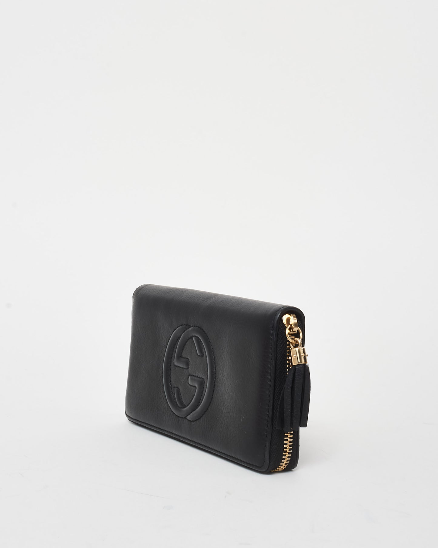 Gucci Black Leather Embossed Logo Soho Zip Wallet