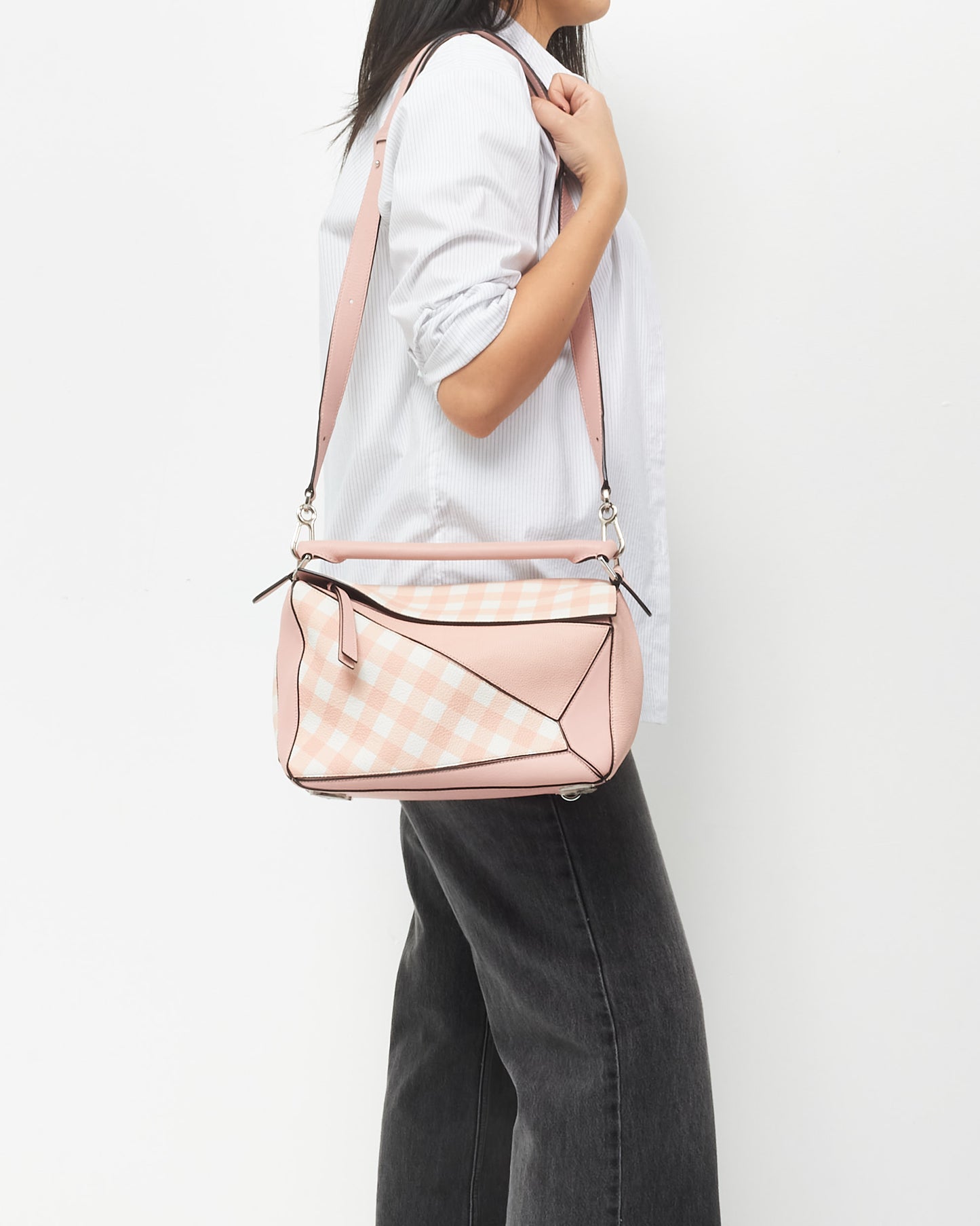 Loewe Pink & White Calfskin Leather Gingham Medium Puzzle Bag