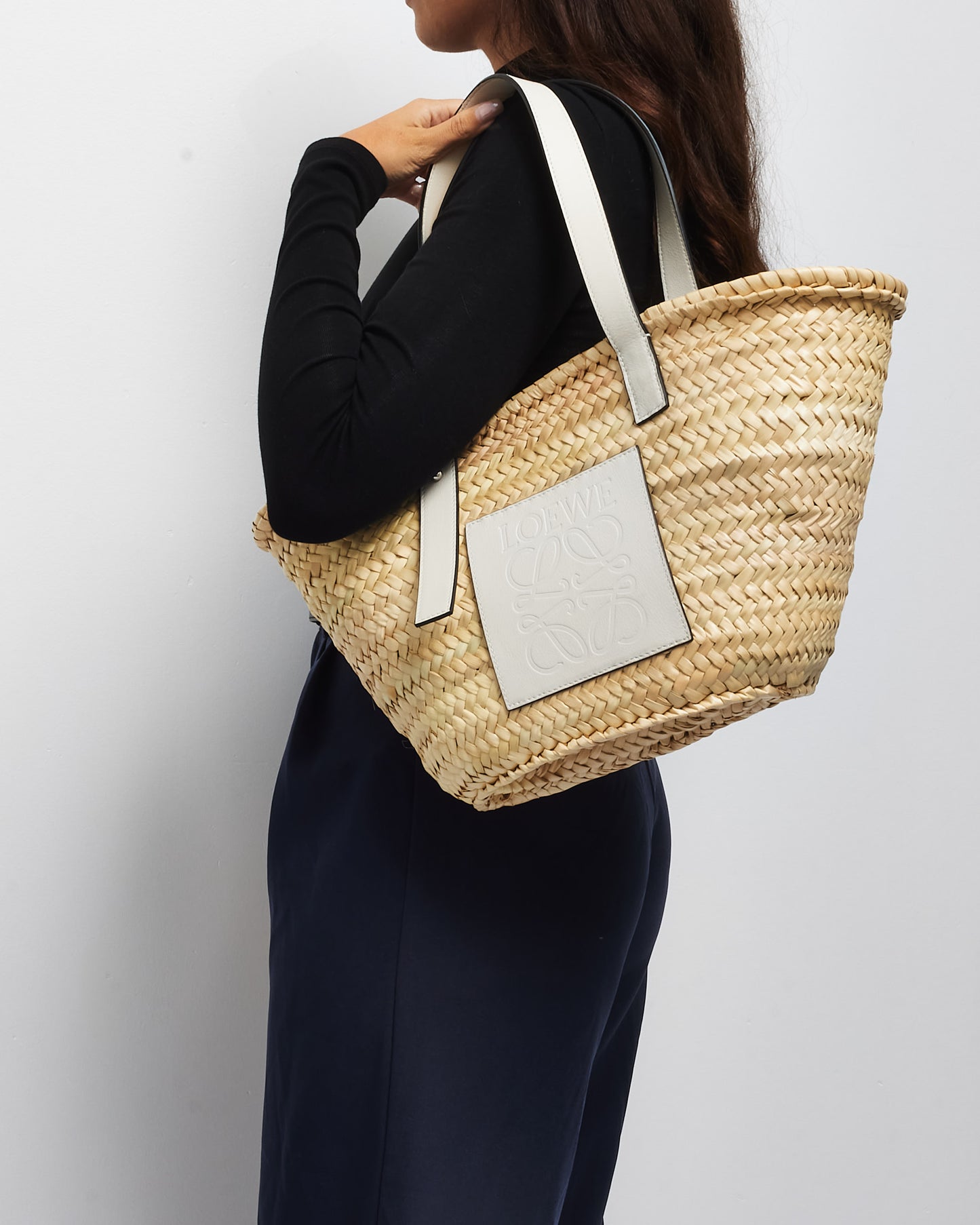 Loewe Medium Palm Leaf & White Leather Basket Bag