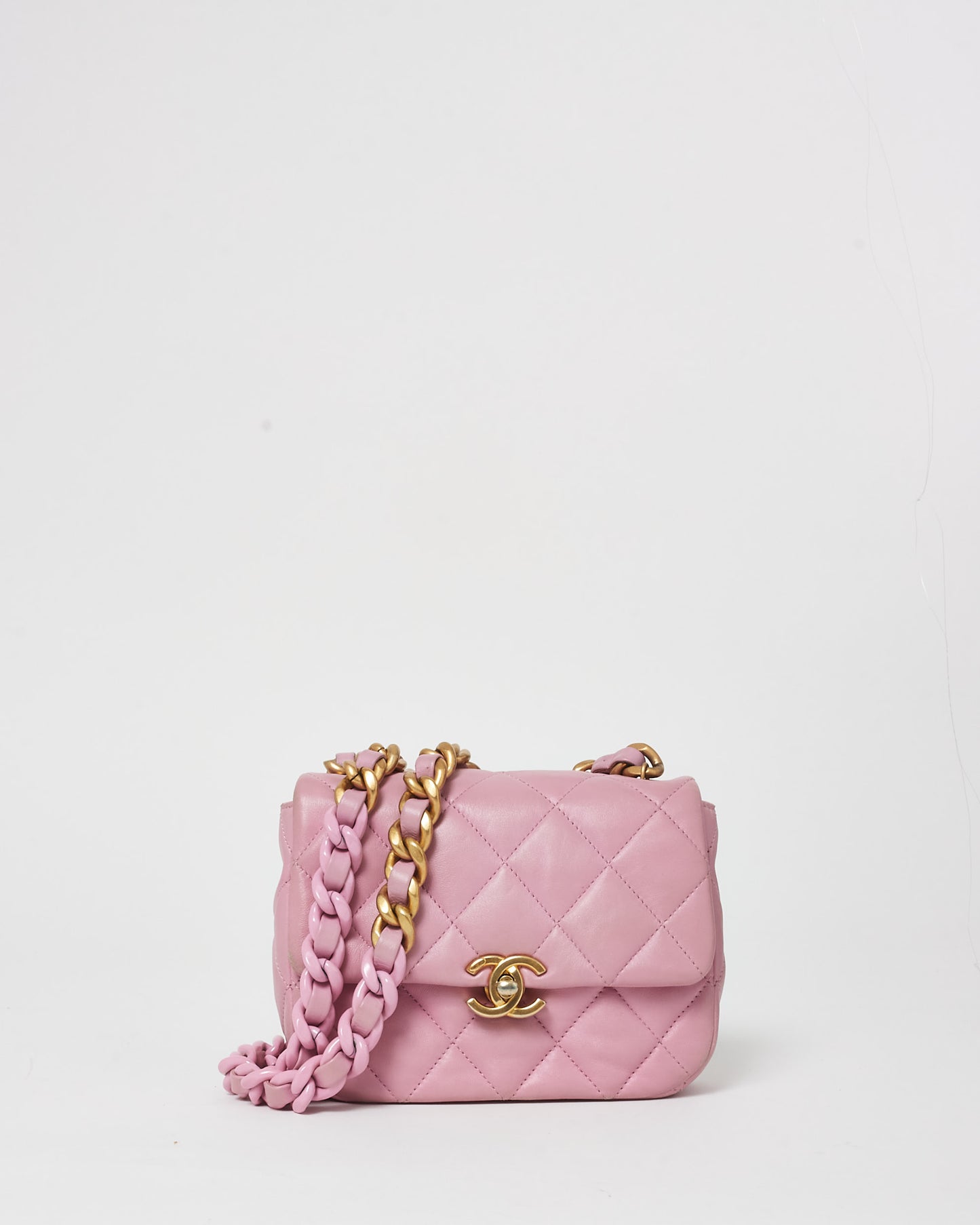 Chanel Pink Lambskin Leather W/ Pink & Gold Chain Single Flap Square Mini Bag