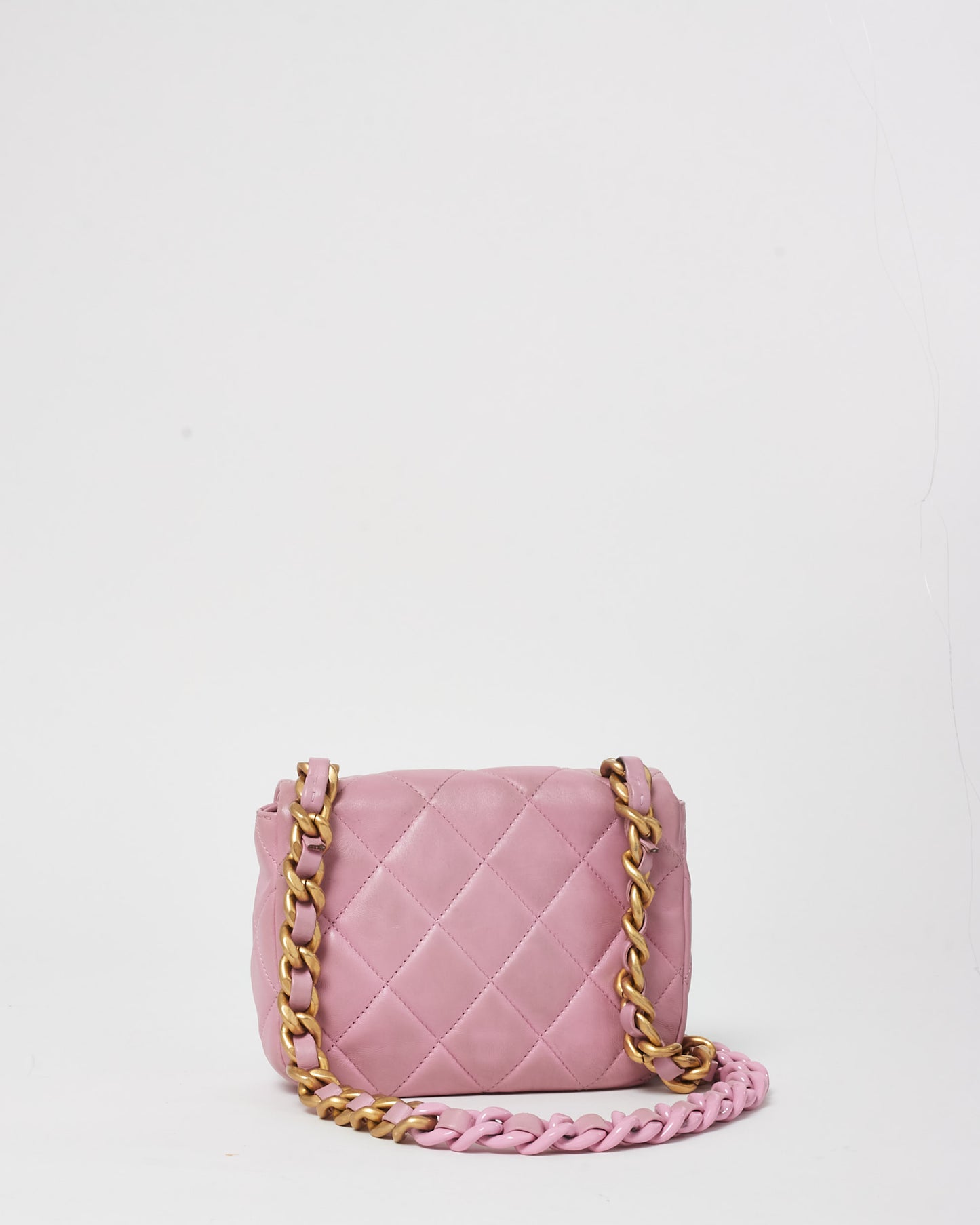 Chanel Pink Lambskin Leather W/ Pink & Gold Chain Single Flap Square Mini Bag