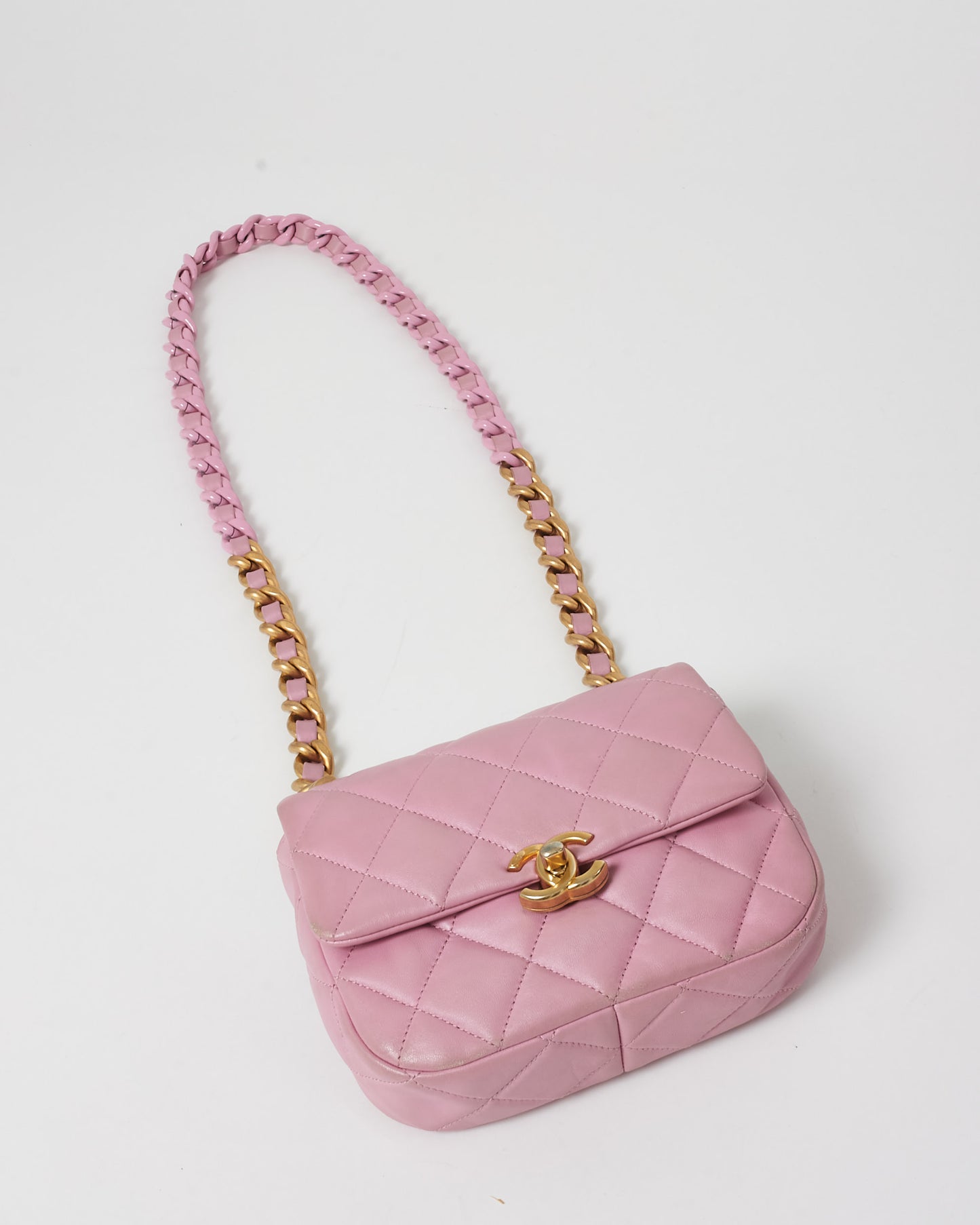 Chanel Pink Lambskin Leather W/ Pink & Gold Chain Single Flap Square Mini Bag