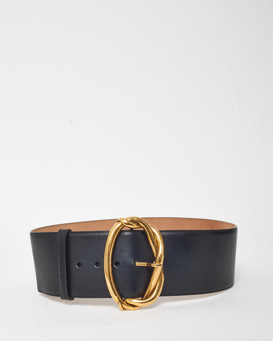 Alexander McQueen Black Leather Gold Buckle Wide Belt - 90/36