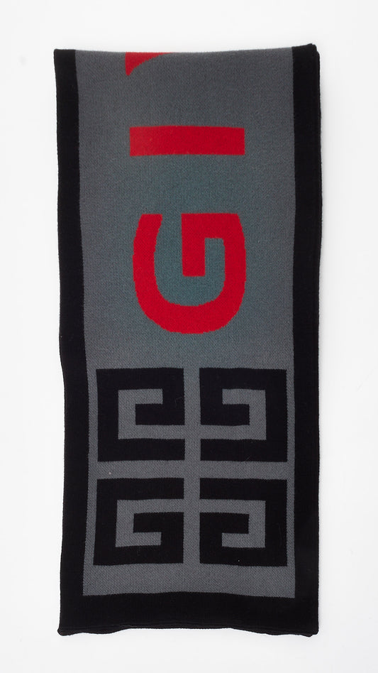 Givenchy Grey, Black & Red Logo Knit Scarf