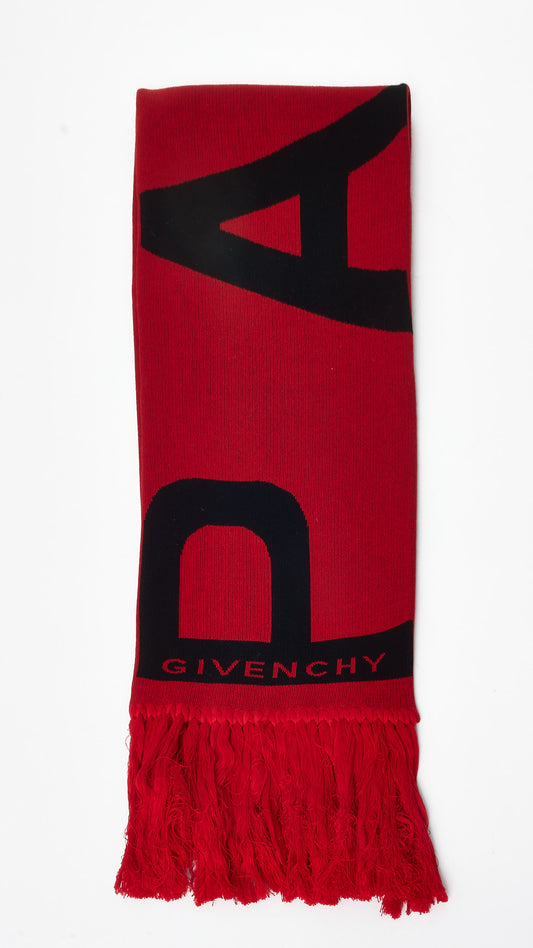 Givenchy Red Knit Paris Logo Fringe Scarf