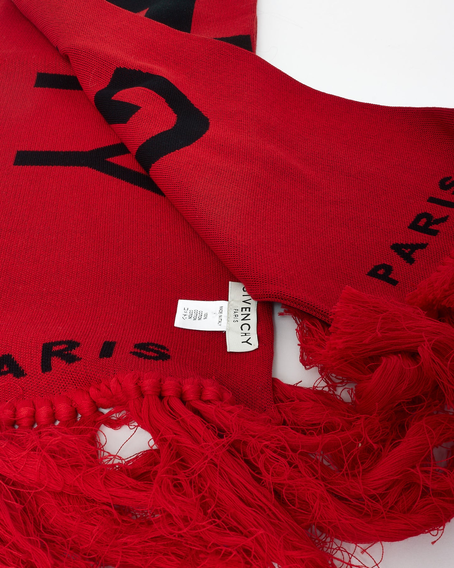 Givenchy Red Knit Paris Logo Fringe Scarf