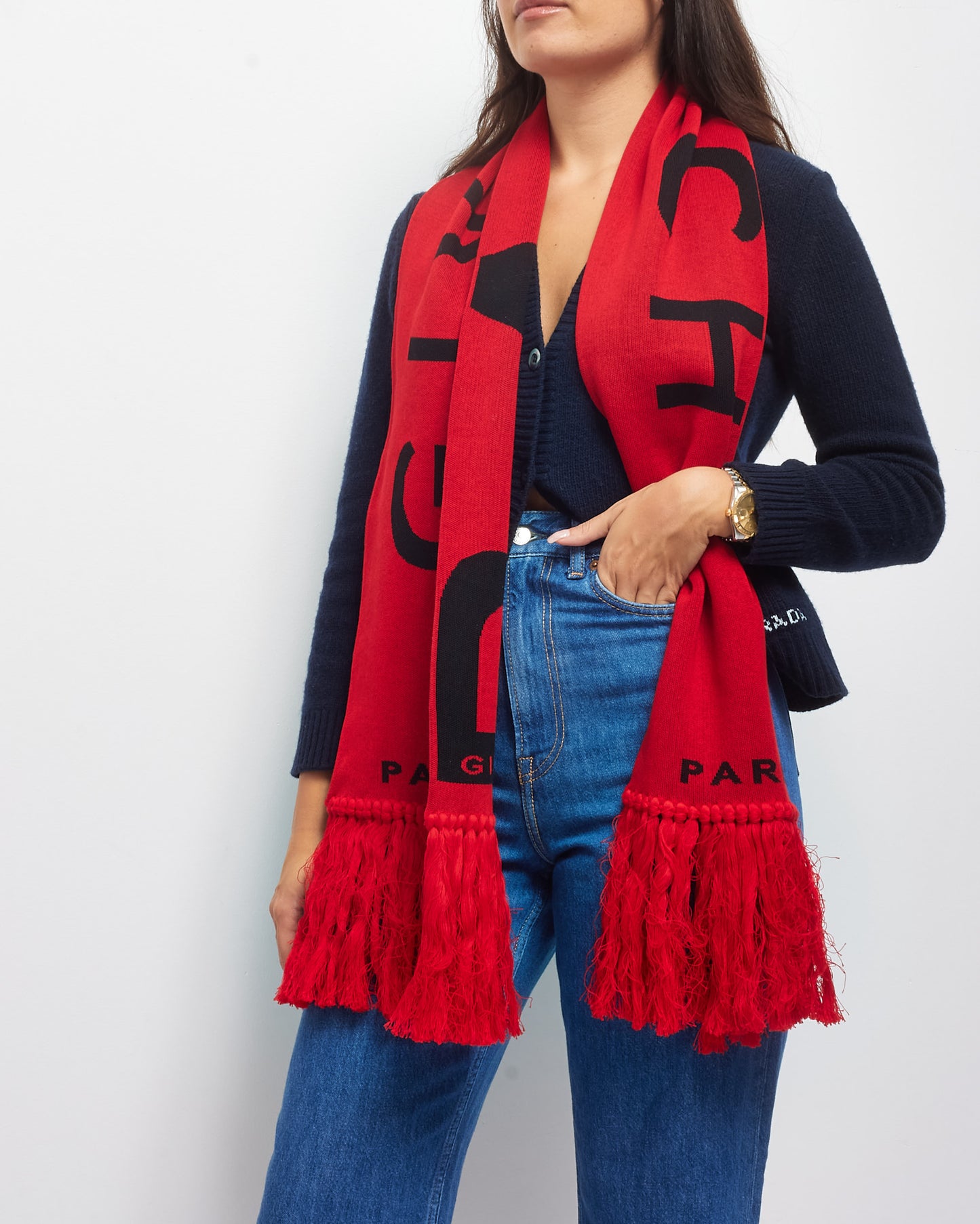 Givenchy Red Knit Paris Logo Fringe Scarf