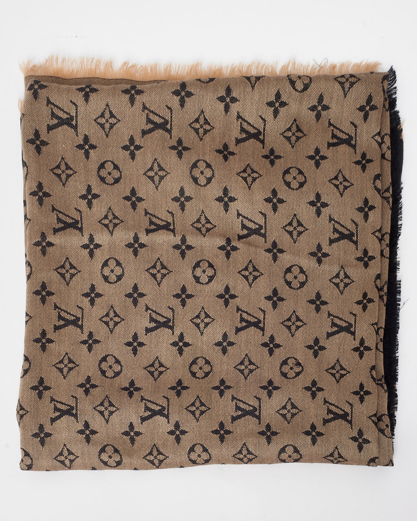 Louis Vuitton Beige & Black Denim Monogram Silk & Wool Shawl Scarf