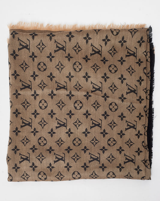 Louis Vuitton Beige & Black Denim Monogram Silk & Wool Shawl Scarf