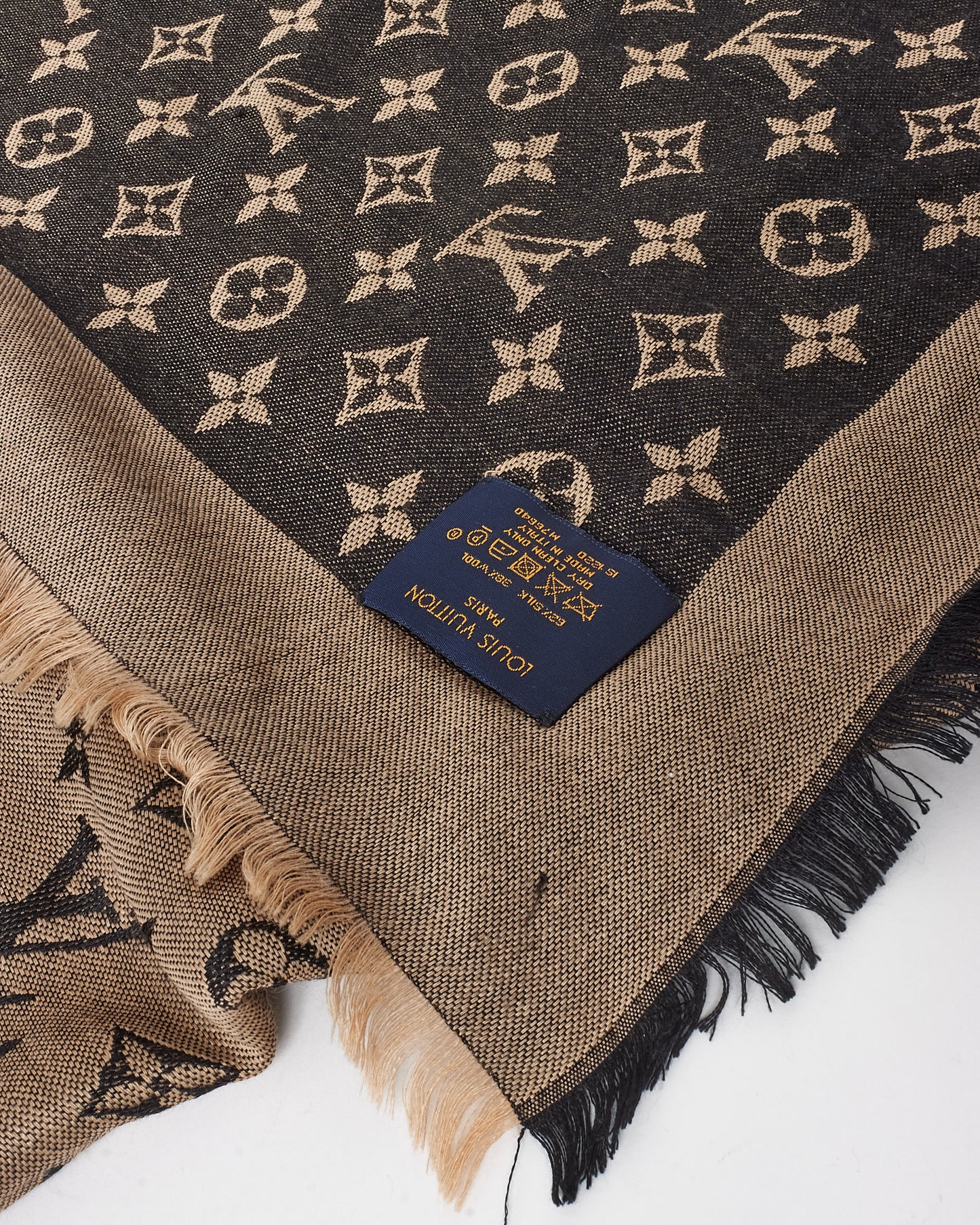 Louis Vuitton Beige & Black Denim Monogram Silk & Wool Shawl Scarf