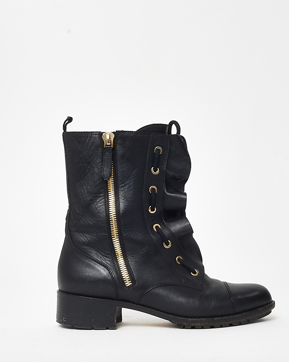 Valentino Black Leather Ruffle Combat Boots - 39