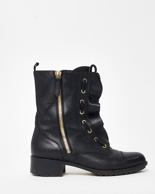 Valentino Black Leather Ruffle Combat Boots - 39