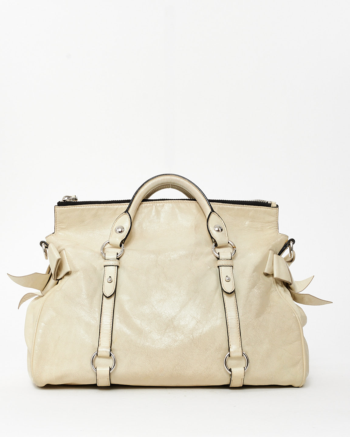 Miu Miu Off White Vitello Lux Leather Bow Detail Convertible Bag