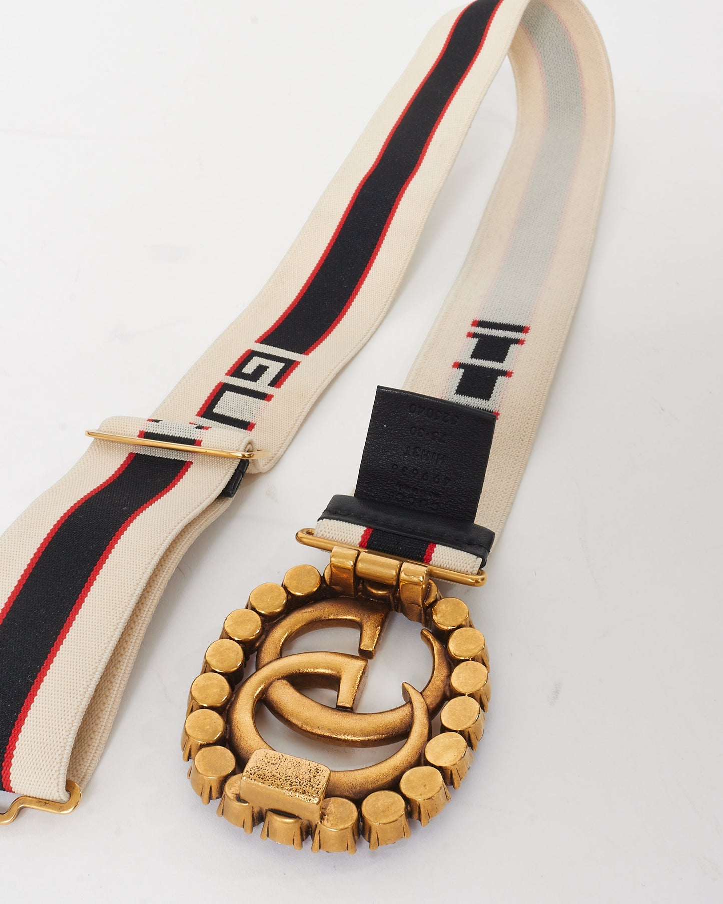 Gucci Cream Logo Elastic Red Crystal GG Marmont Belt - 75/30