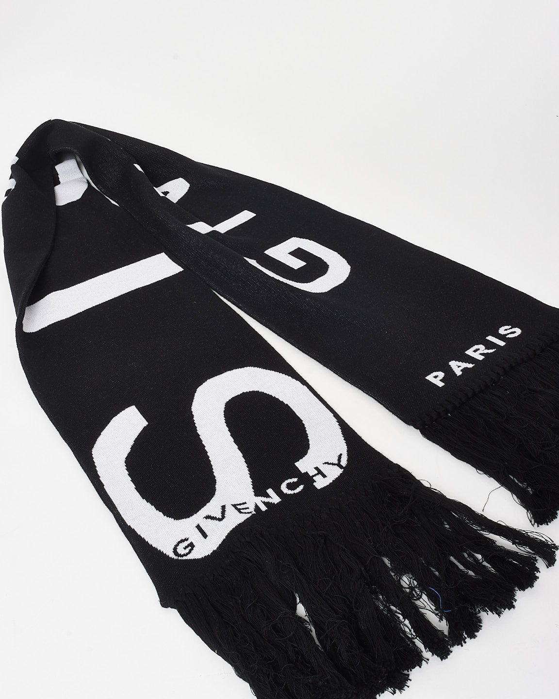 Givenchy Black Knit Logo Paris Fringe Scarf